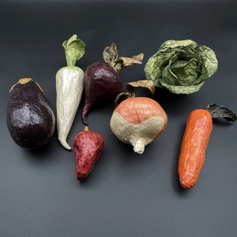 Vintage Paper Mache Vegetable Lot 7 Pc Eggplant Carrot Daikon Beet Cabbage Onion